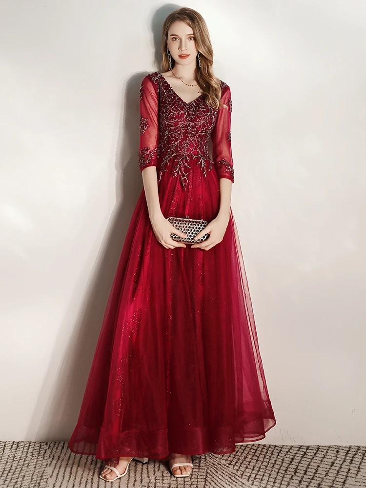 SSYFashion зимние вечерние платья для женщин Элегантный цвета красного вина Половина рукава v-образным вырезом блестками вечерние платья с бисером Vestidos De Noche