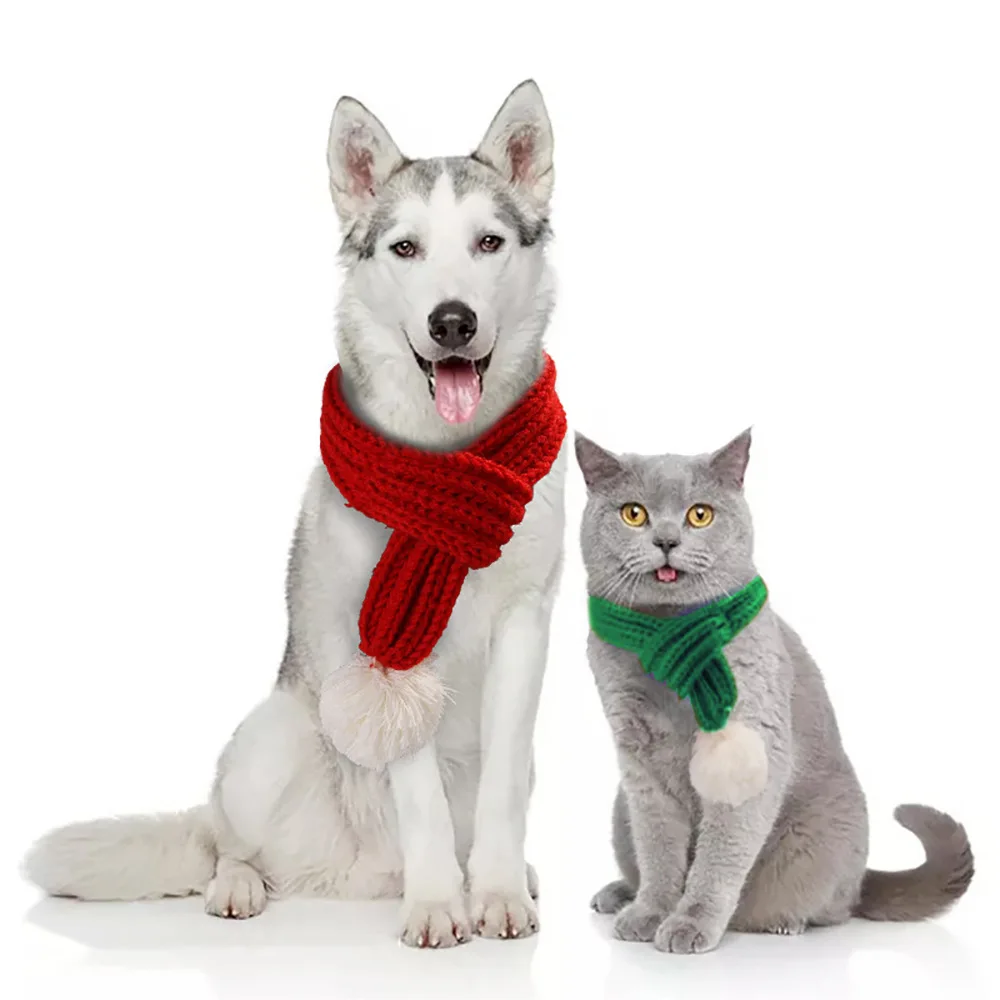 Solid Knitting Winter Pet Scarf for Dogs Christmas New Year Green Red Festival Cat Accessories Adjustable Plush Cozy Dog Collar pet dog collar saliva towel cat dog hand woven pet accessories pet triangle scarf bib dogs christmas elk pattern scarf