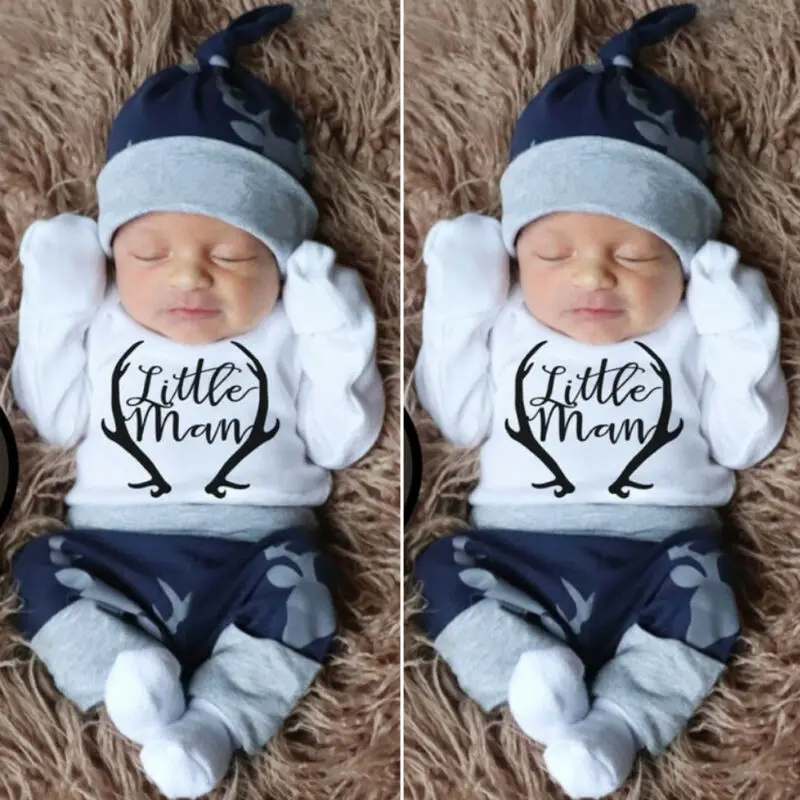 Newborn Baby Boys Clothes Little Man Romper+deer Leggings Pants+hat Outfits Set