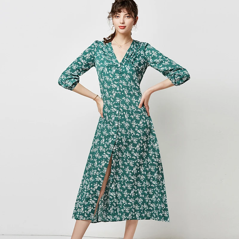 

2019 Casual Shirt Dress Leisure Autumn Lantern Sleeve Ladies Straight Midi Dress Sexy V Neck Split Dress Button Tunic Vetidos