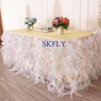 

CL010M New color wedding 6ft rectangle light yellow lilac light blue color mixed curly willow organza table cloth