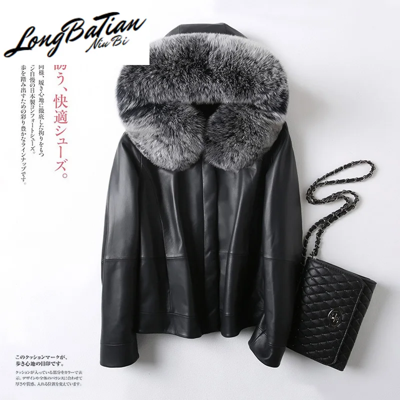 Женский пуховик из натуральной овечьей кожи с воротником лисьего меха | Женская