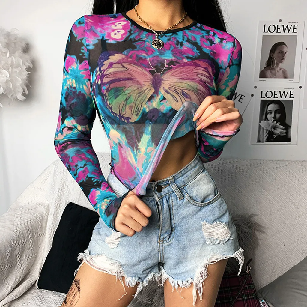 Женский укороченный Топ с длинным рукавом повседневный Свободный из сетчатой