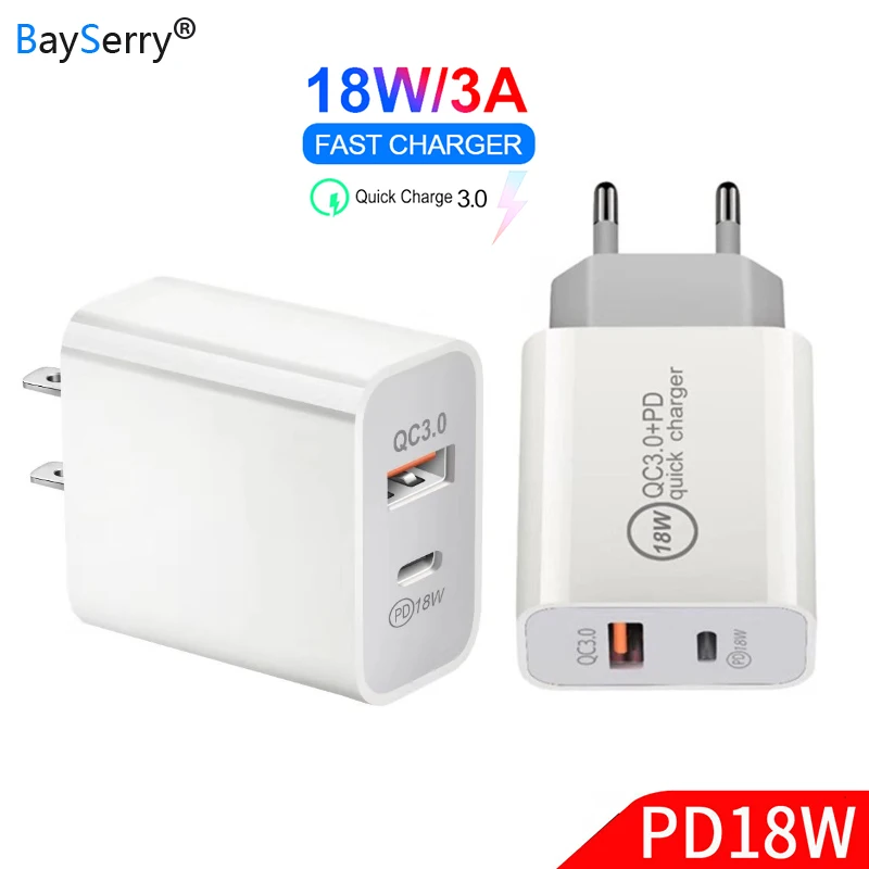 Быстрое зарядное устройство BaySerry 18 Вт USB Type C PD3.0 2 порта QC быстрое 5 В 3 А для