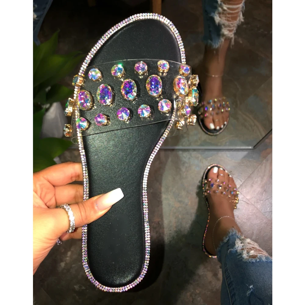 New Women Slippers Bling Crystal Flat Sandals Fashion Rhinestone Ladies