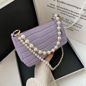 

New Fashion PU Leather Mini Handbag Women Pearl Shoulder Belt Crossbody Bags Stone Pattern Shoulder Bag 2020 New Style Simple