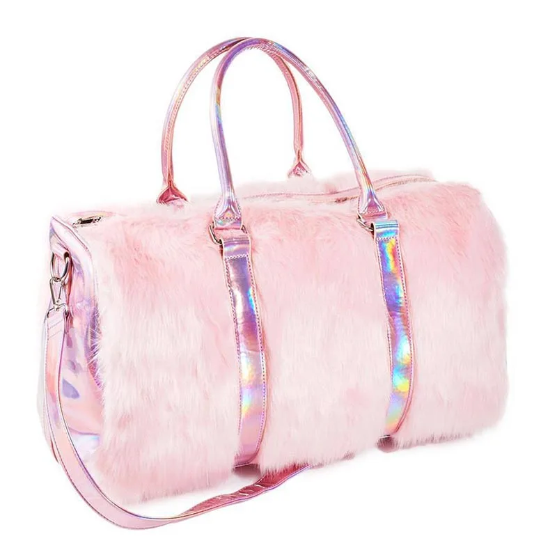 

2019 Soft Rainbow Handbags Messenger Bags Faux Fur Women Tote Bags Large Capacity Laser Symphony Pink Shoulder Bags Boston Bag