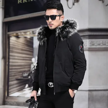 

2020 Parka Real Fur Coat Men Hooded Winter Jacket Mink Fur Liner Raccoon Fur Collar Short Warm Mens Mink Jackets Parkas