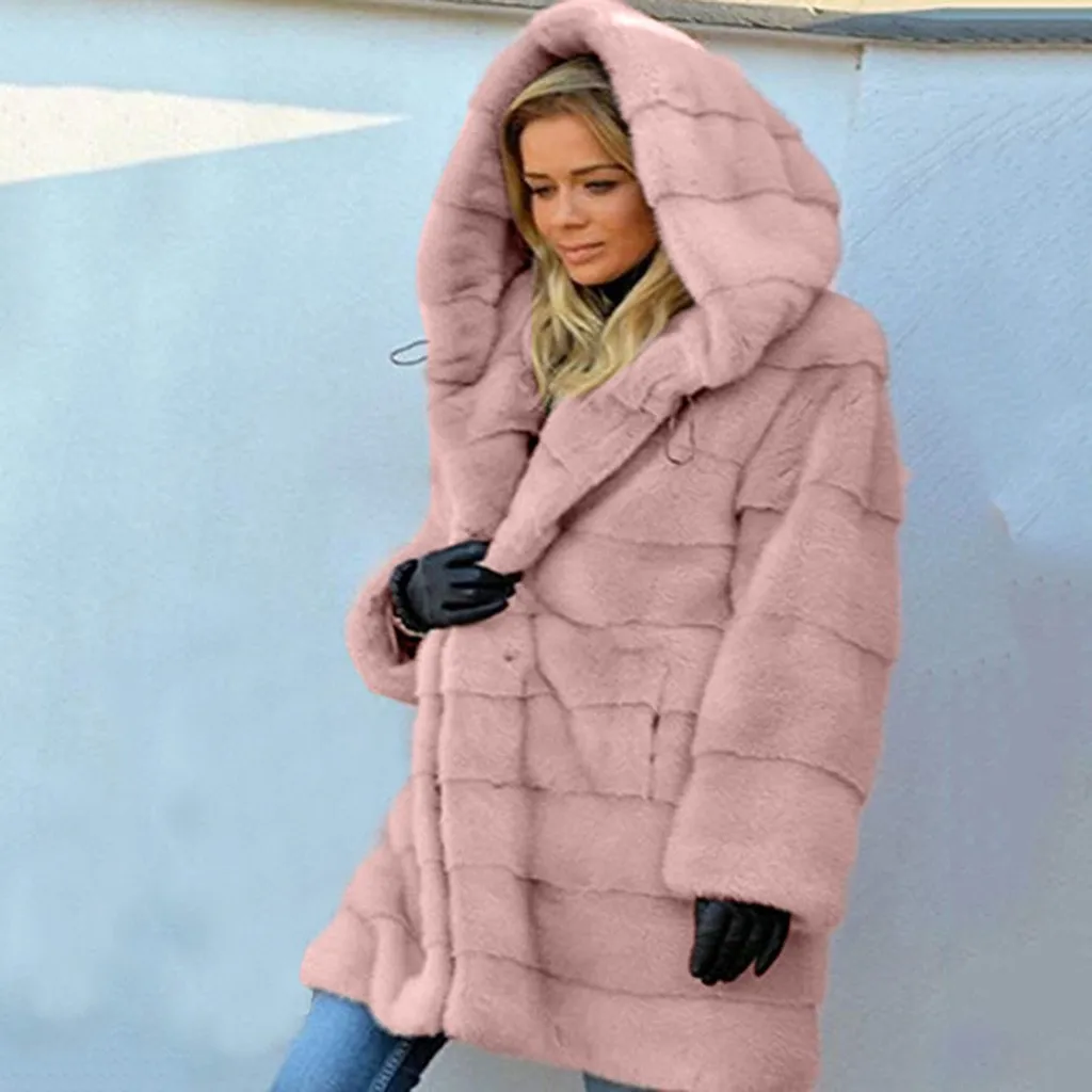 Vintage fluffy hoodie faux fur coat women Winter grey jacket coat female Plus size warm long casual outerwear overcoat