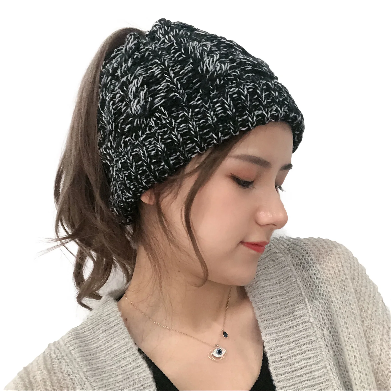 Womens Ponytail Winter Beanie Hat Warm Knit Messy Bun Ponytail Skull Cap Faux Fur Pom Pom Beanie