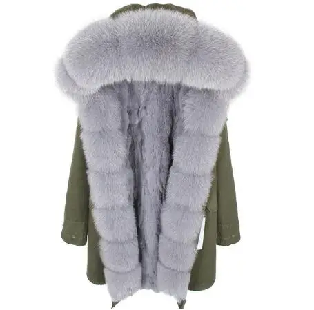 Женская зимняя куртка из чистого хлопка длинная куртка с подкладкой из натурального кроличьего меха уличная куртка с воротником из лисьего меха - Цвет: 14