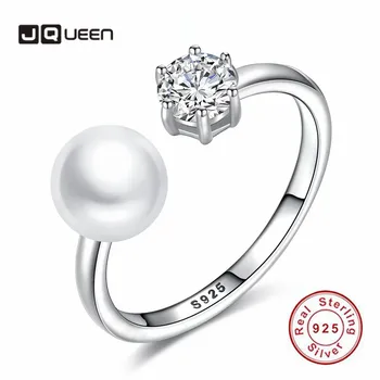 

JQUEEN 925 Sterling Silver Inlaid Zircon Open Rings Elegant Natural Freshwater Pearl Cubic Zirconia Resizable Women Ring Anillos