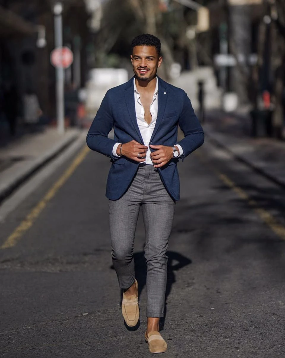 navy blue blazer and gray pantsTikTok Search