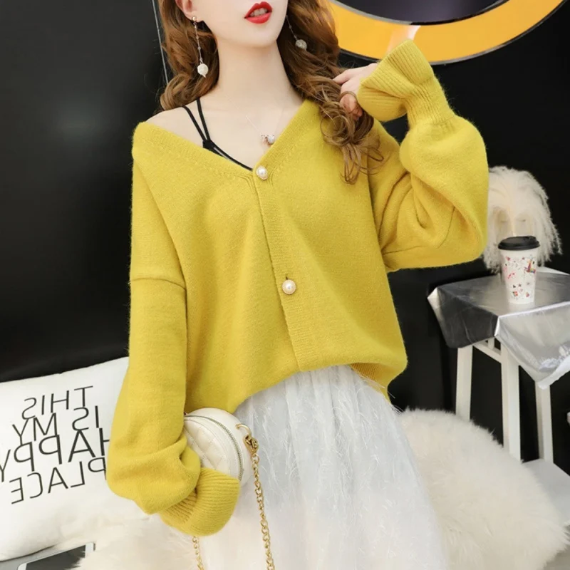 Korean Style Spring Autumn Sweet Loose Lazy Wind Button Knit Cardigan Pocket Jumper Sweater Long Lantern Sleeve Coat Women - Color: YC