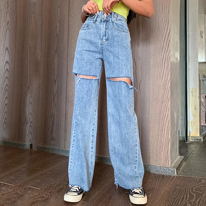 Ripped Jeans Women Loose Loose Straight Cut Rotten High Waist Pants Were Thin Wide Legs 100% Cotton Mop Pants Ripped Jeans Women Loose Loose Straight Cut Rotten High Waist Pants Were Thin Wide Legs 100% Cotton Mop Pants