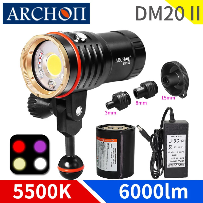 Оригинальный светодиодный фонарик ARCHON DM20 II 5200K 6000 люмен для дайвинга видео и прожекторов HD красное УФ фото фонарь нижнее белье 100 м фонарик для дайвинга