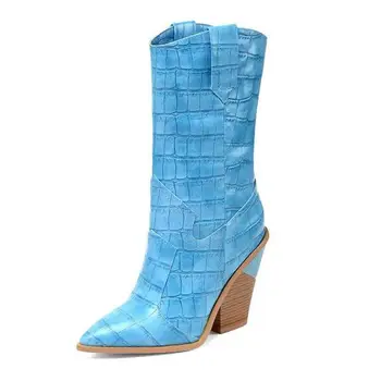 

fashion embossed microfiber leather women ankle boots pointed toe western cowboy boots women mid-calf chunky wedges boots runway