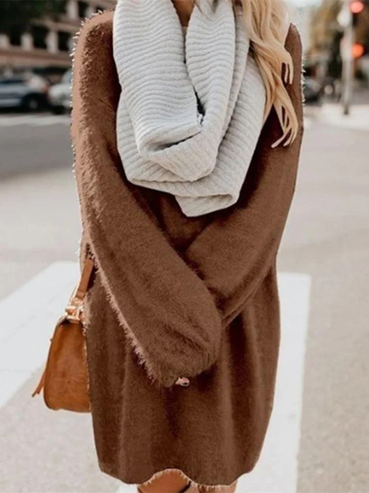

Solid Color Winter Long Loose Knitting Sweater Dress Women Elegant Plus Size Warm Top Female Autumn Loose Stylish