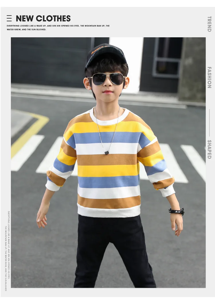 Children t-shirts boy clothes long sleeve coats red green yellow stripe Tshirts teens boys kid sweatshirt 4-14 years tops tees