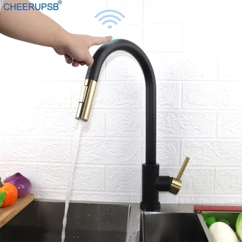 

Touch Control Kitchen Sink Faucets Pull Down Smart Crane Deck Mount Stainless Steel Automatic Tap Single Hole Matte Black Faucet