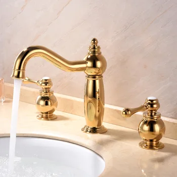 

Gold three piece set hot and cold European faucet all copper split table basin faucet three holes tap faucets