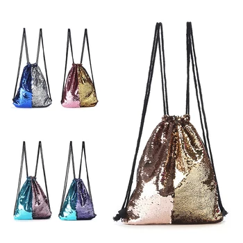 

Women Sport Running Camping Beach Female Bags Double Color Sequins Drawstring Backpack