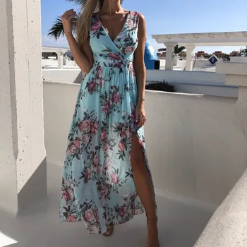 

Sweet V-Neck Sleeveless Split Floral Print High Waist Women's Dress Elegant Chiffon Holiday Beach Dress Female Summer 2020