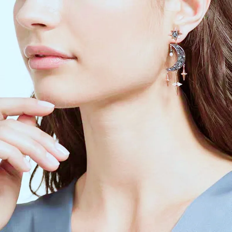 Элемент Swarovski, 19 лет, стиль, серьги с перфорацией в виде Луны и звезд, голубой жемчуг, луна и звезды, женские серьги-гвоздики