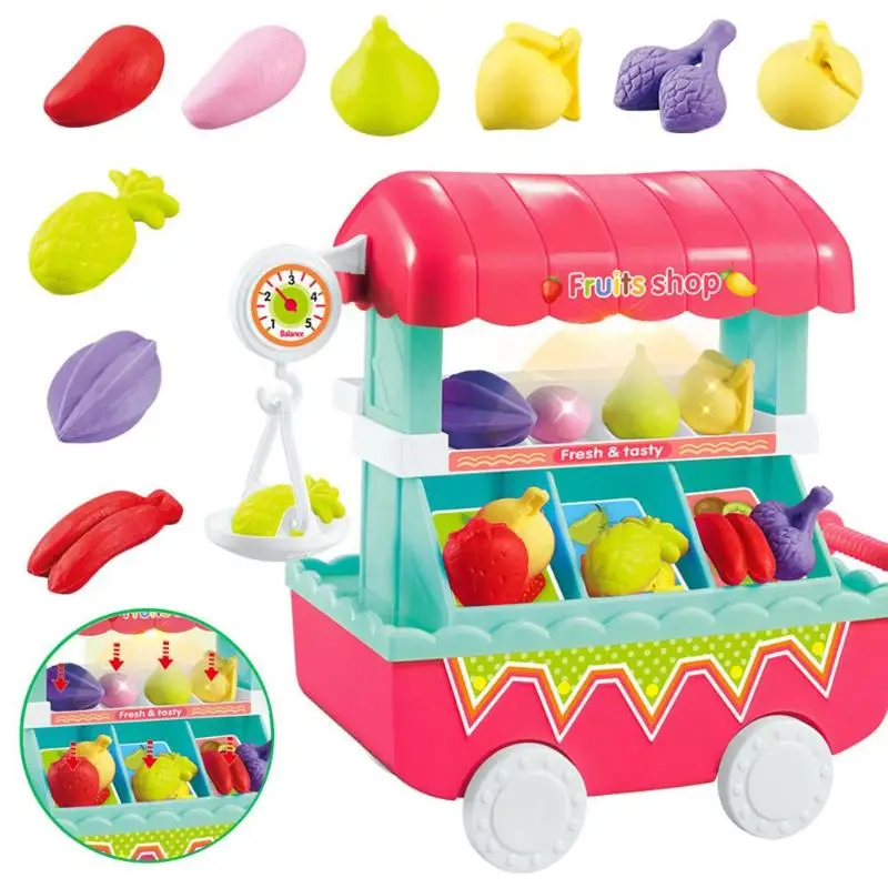 19pcs/set Kids Plastic Fruit Candy Vegetables Food Cart Toys for Children Pretend Play Cart Toys Set Kid Christmas Birthday Gift