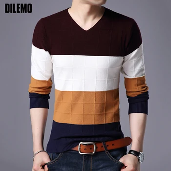 

2020 New Fashion Brand Sweater Mens Pullovers Slim Fit Jumpers Knitred Striped V Neck Autumn Korean Style Casual Men Clothes