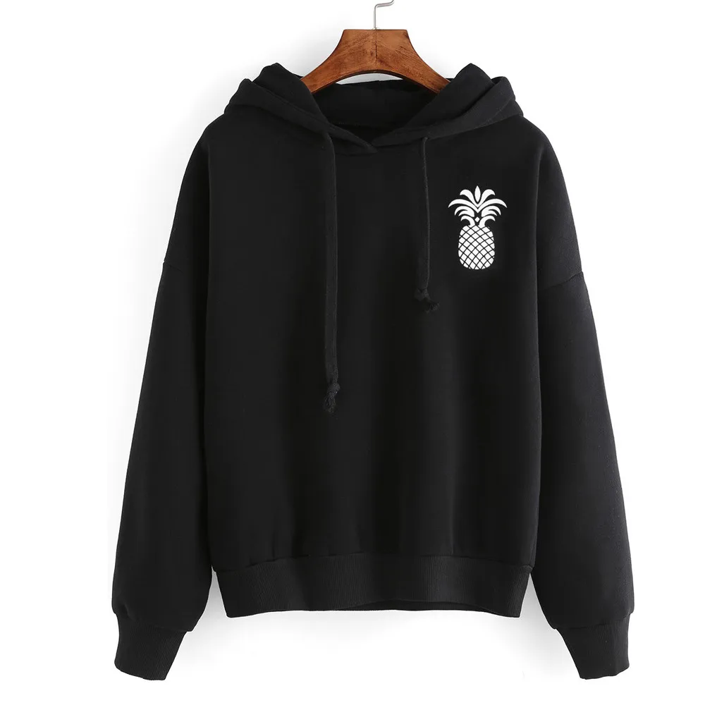 С принтом ананаса Для женщин с длинным рукавом Перемычка Hoody пуловер Блуза Топ Для женщин черный пуловер с капюшоном толстовка с шнурками# BL2