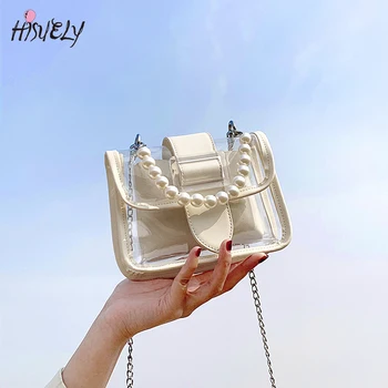 

Clear PVC Jelly Bag 2020 Wave Net Women Summer Korean Chain Transparent Pearl Handle Messenger Bag Fashion Ladies Shoulder Bag