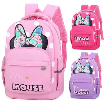 

Disney Minnie Mouse Children Girls Schoolbag Fashion Cartoon Backpack With Bowtie Schoolbags For Students Of Grades 1-3