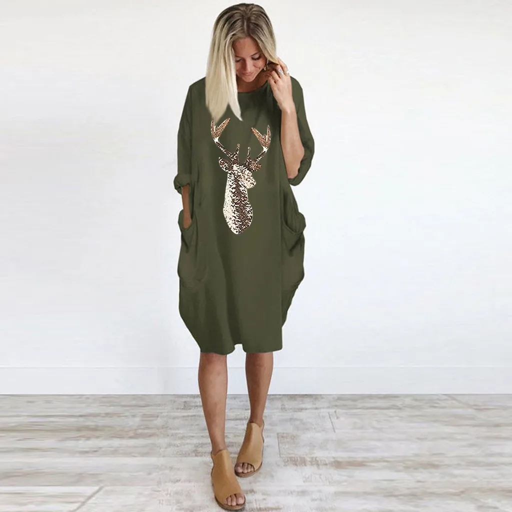 O Neck Long Pocket Christmas Dress