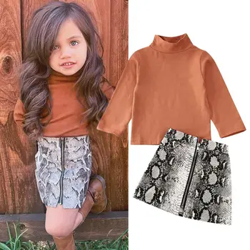 

2020 Newest Hot Toddler Baby Girl Long Sleeve Turtleneck Tops T-shirt +Snake Skin Pencil Skirts Kids Outfits 2pcs Clothes Set