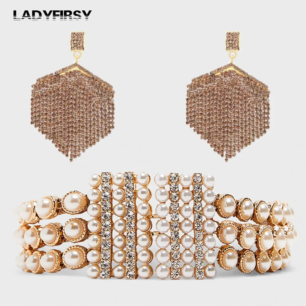 Ladyfirsy, стразы, серьги, жемчужный пояс, наборы для женщин, новинка, свадебное платье, кисточка, полые аксессуары, набор