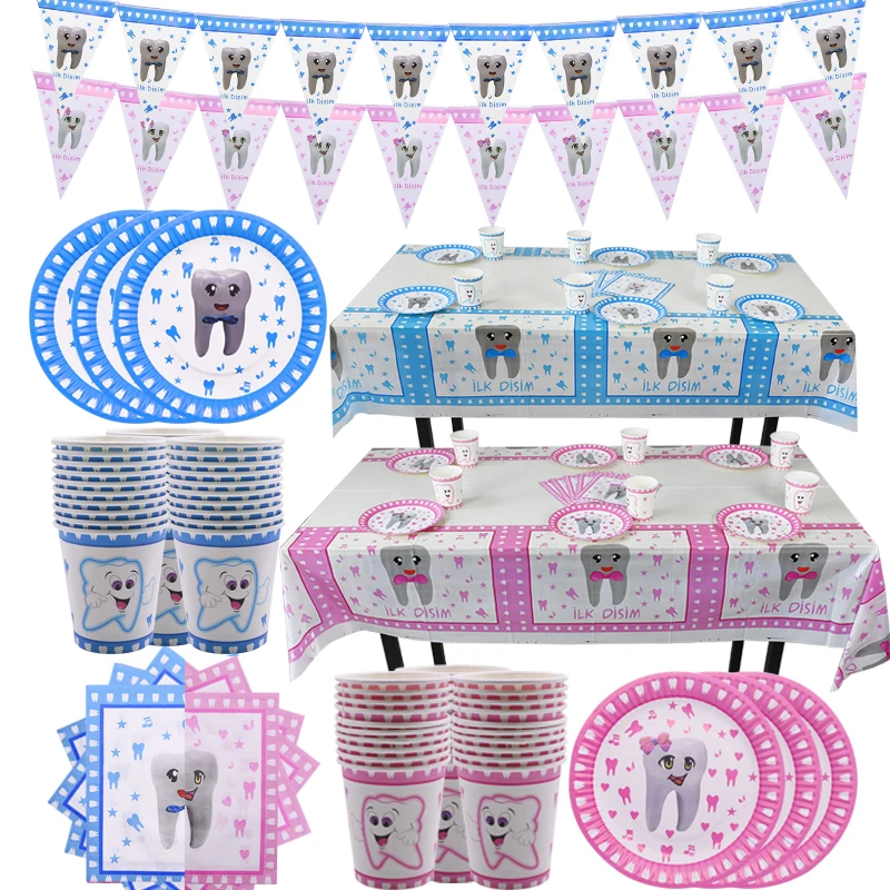 Juego de adornos fiestas My First Tooth para niño y niña, platos de vajilla de papel desechables, vasos, bricolaje, globo dental para Baby Shower, cumpleaños, 1 Juego