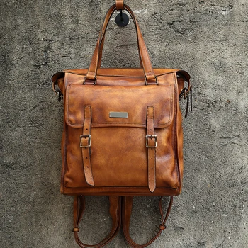 

Mens Cow Leather Backpack Genuine Leather Bag Crossbody Casual Bag Multifunctional Shoulder Bag Retro Handbag Brown