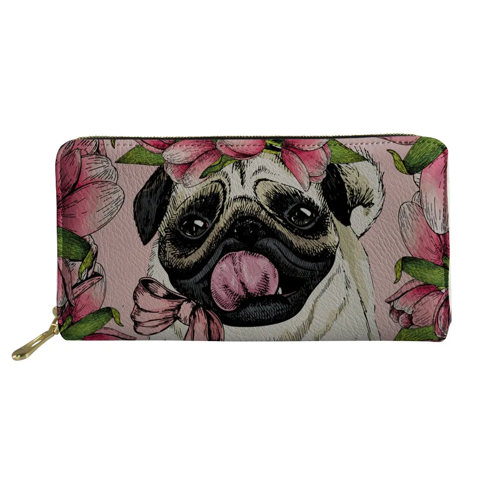 

Funny PUG Dog PU Leather Wallets for Woman Custom Pets Pattern Clutch Zipper Purses Girls Long Money Coin Bag Card Holders 2019