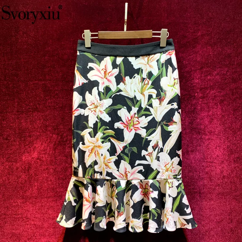 

Svoryxiu Runway Elegant lily Flower Printed Mermaid Skirt Women's Vintage Party Female Package Buttocks Ruffles Skirt