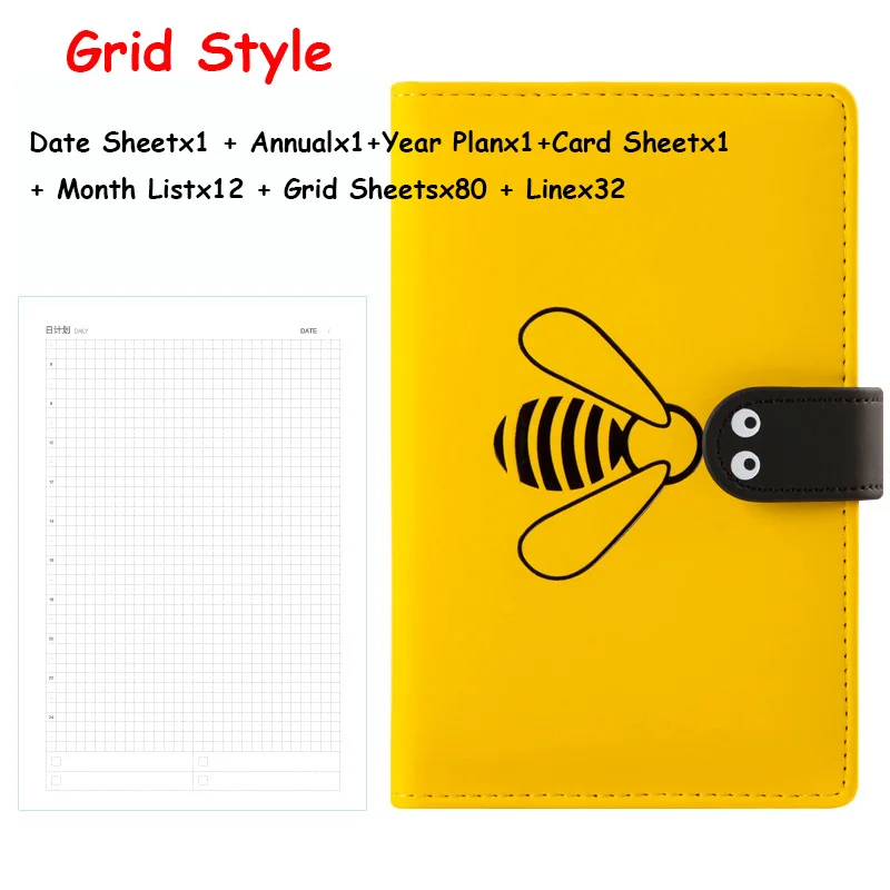 Kawaii Bullet Journal A6 DIY Agenda Weekly Monthly Planner Organizer Cute Bee Notebook Line Blank Grid Notebook School Note Book - Цвет: Yellow Grid