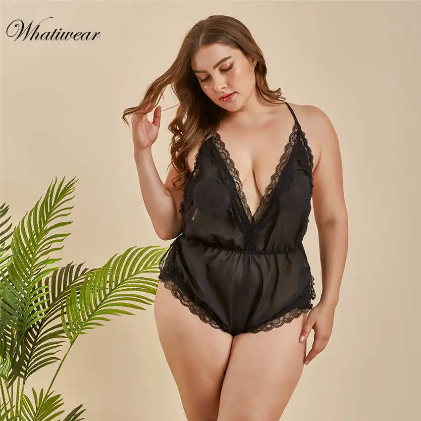 Whatiwear Plus Size Deep V Neck lace bodysuit transparent female body hot sexy teddies jumpsuits women deep V mesh Bodysuit - Цвет: Black