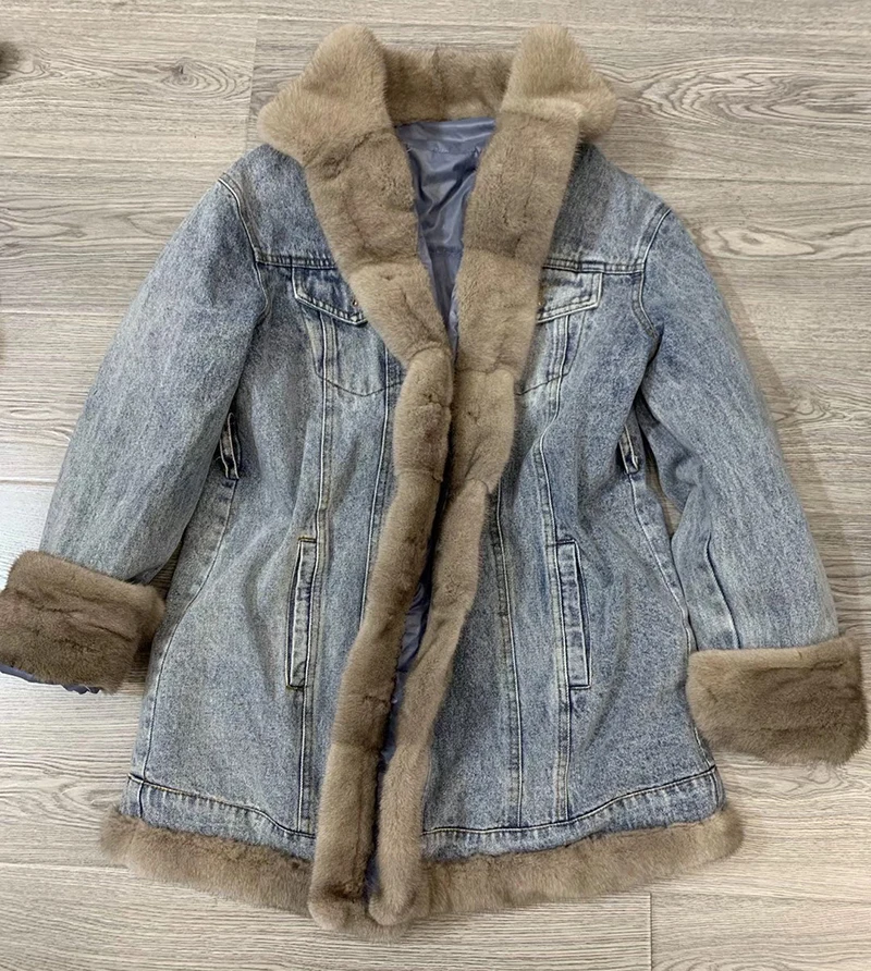 EIFURKOP, Женское пальто из натурального меха норки, тонкая джинсовая куртка, пальто из натурального меха с поясом, Новое поступление, джинсовые куртки для зимы