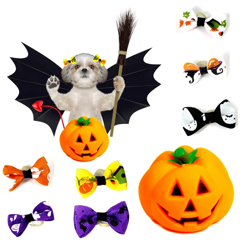 7 Pairs Halloween Dog Rubber Bands Hair Bowknot Headwear For Pets Cat Squeaky Sound Pumpkin Toy | Дом и сад