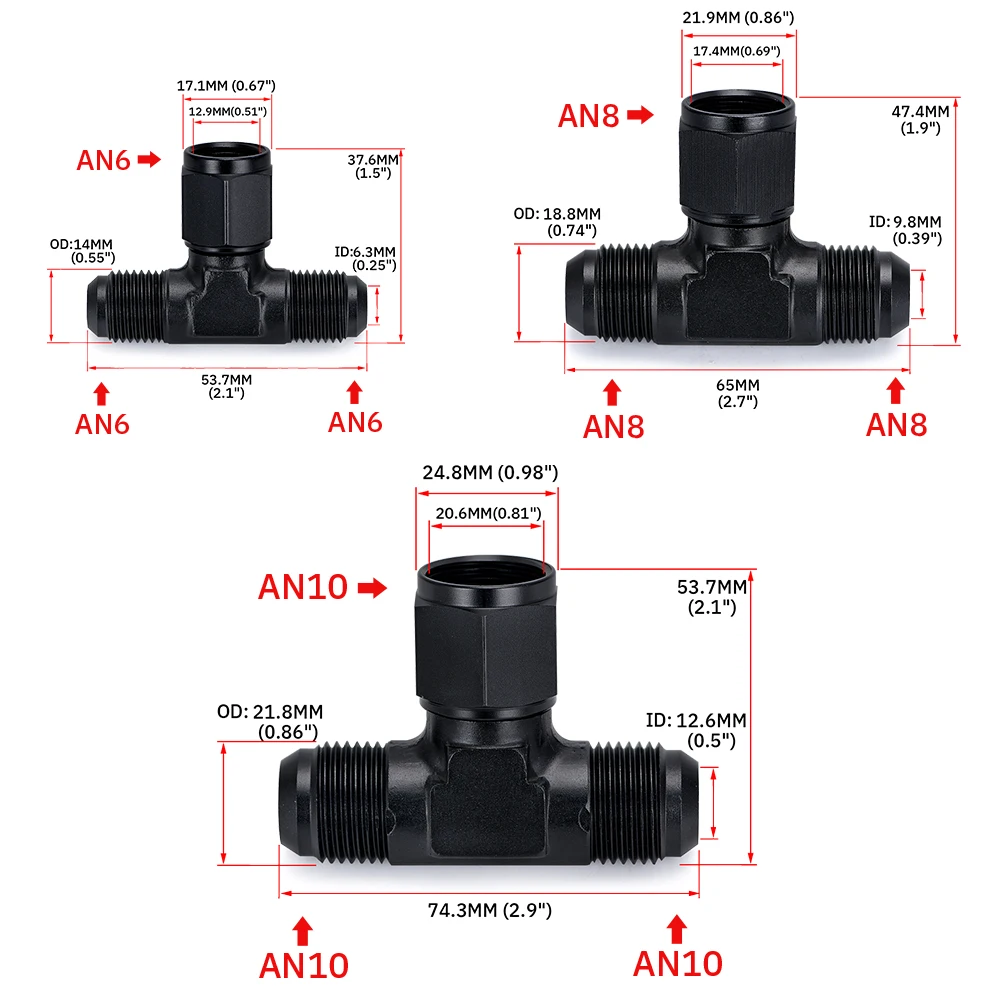 Aluminum Flare Tee Fitting AN6 AN8 AN10 Female To Male Tee On Side Thread Fitting Adapter Black 1 Pack