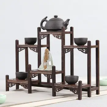 

Chicken wing solid wood Chinese retro storage rack small multi treasure chest purple teapot tea set shelf racks display stand