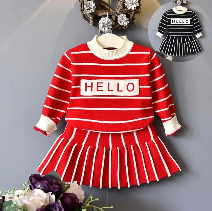 

2019 Fall NEW Arrival Knitted Kids Clothes Skirt+Tops HELLO Striped for 2-8Y Girls 2PCS/set Children Girls Knitting Clothing Set