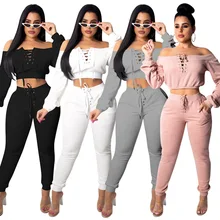 Woman Tracksuit 2 Piece Set Sexy Off Shoulder Lace Up T-shirt Ans Long Pants Sets Womens Outfits Sp656