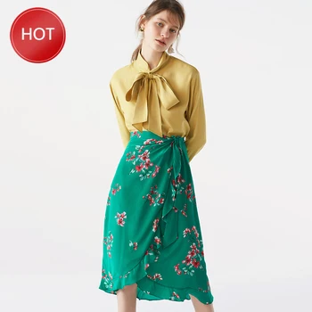 

Green Printed Wrap Style High Waist Ruffled Skirt French chic summer Women Skirt 100% Silk