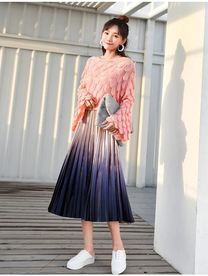 Женская длинная плиссированная юбка из бархата TIGENA, Градиент цвета юбка с высокой талией для женщин на осень-зиму